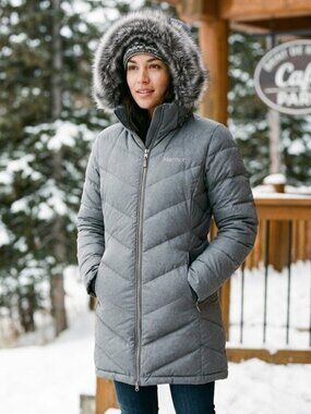 Marmot 700 Fill Down Coat Womens Small Gray Long Puffer Parka Fur Hood